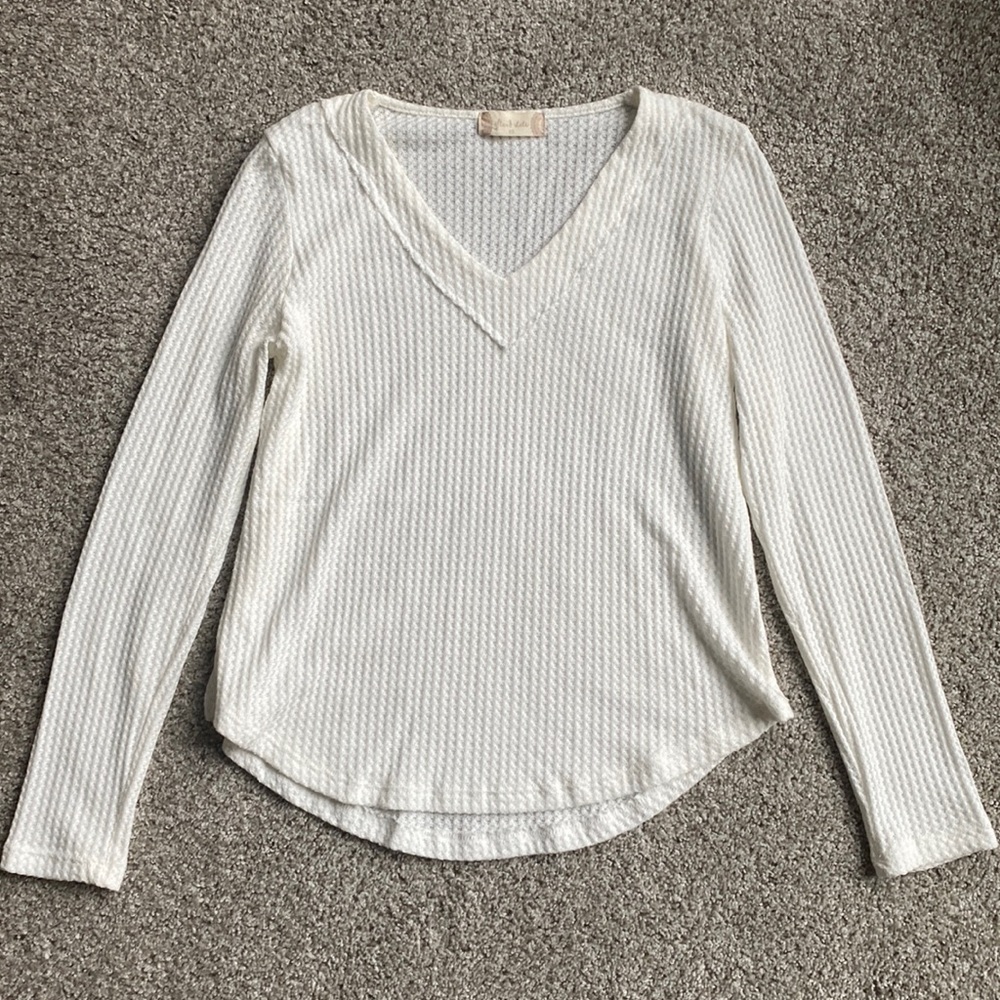 Waffleknit long sleeve white top
